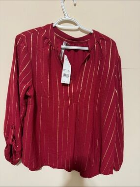 NY Collection Red Blouse with Metallic Gold Pinstripes